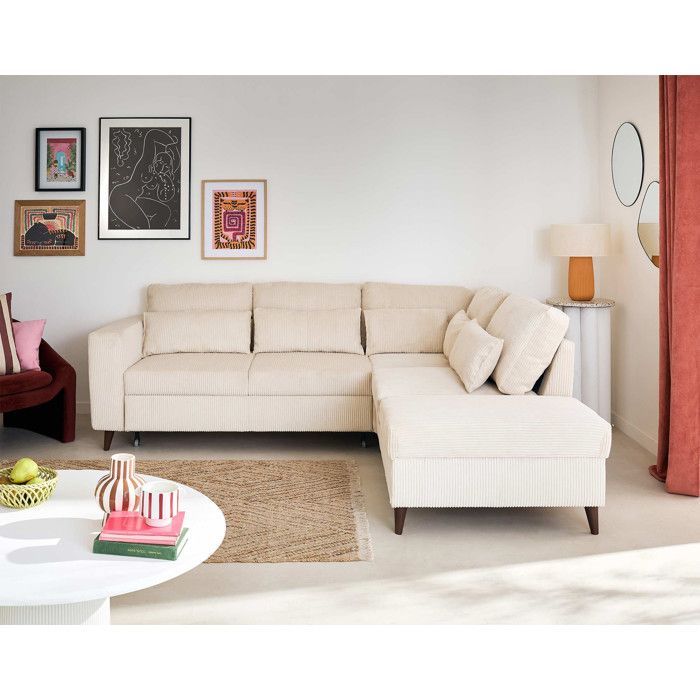 Aubepine - canapé dangle réversible 5 places - convertible avec coffre - en velours côtelé - Beige