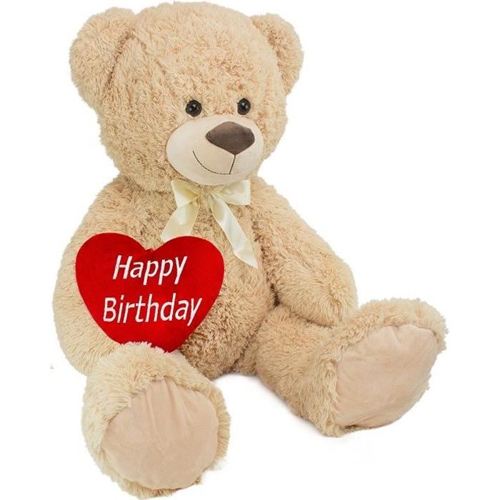 BRUBAKER Peluche géante XXL - Ours / Nounours - 100 cm - Beige - Cœur en Peluche 'Happy Birthday' inclus