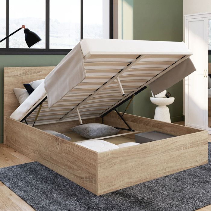 Lit Coffre Double 140x190 Cm – Avec Tête De Lit Et Sommier à Lattes – Blanc – Rangement Intégré Sous Le Lit
