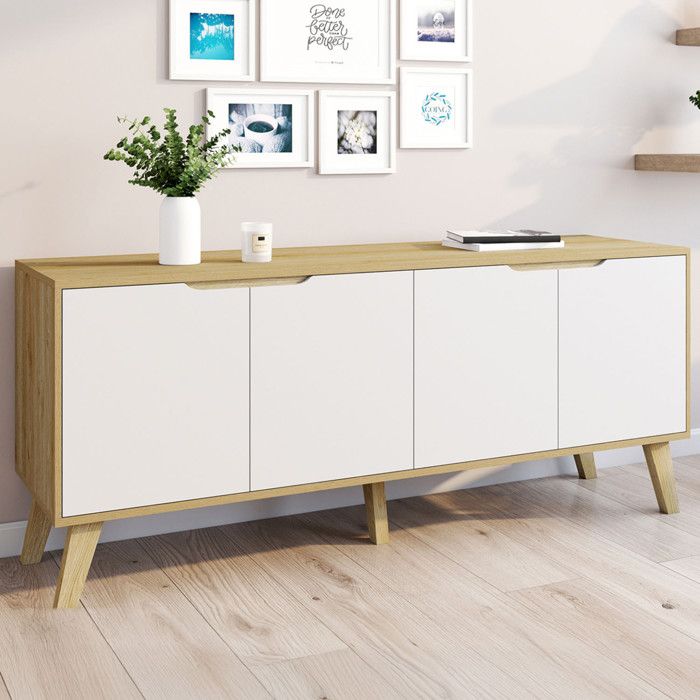 ID MARKET buffet FINN 4 portes 140 cm Scandinave bois effet hêtre et blanc