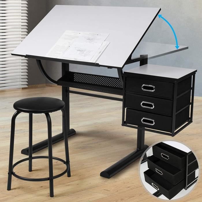 miadomodo® table à dessin - plateau inclinable, avec tabouret, 3 tiroirs - bureau à dessin, pour architecte, artiste