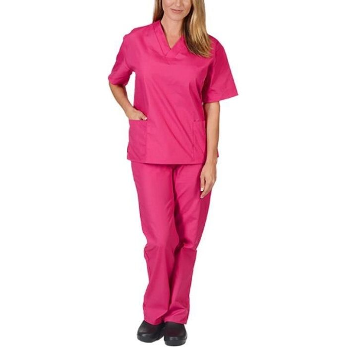 Tenues médicales ensembles blouses et pantalons médicaux pour femmes avec col en V et poches VETEMENT HAUTE VISIBILITE - Rose