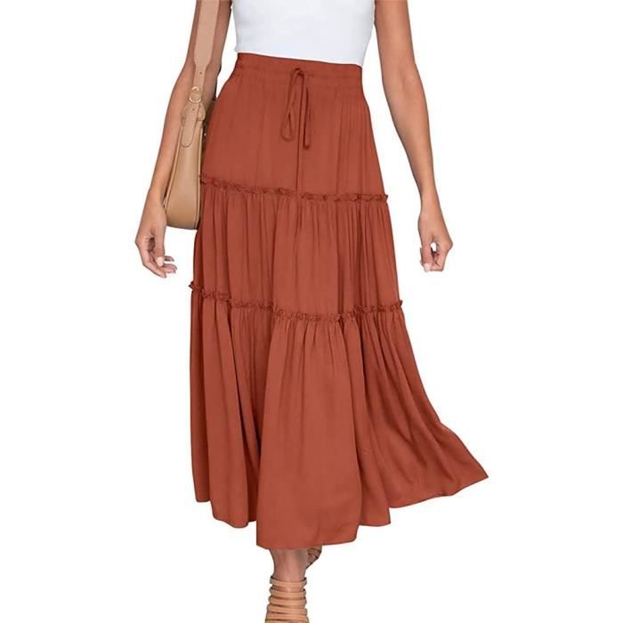 Femme Jupe Longue Taille Haute Couleur Unie Jupe A Line Avec Cordon De Serrage Trapeze