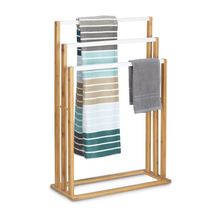 Relaxdays Porte-serviettes 3 barres bambou support sur pied accessoires salle de bain serviteur de chambre nature