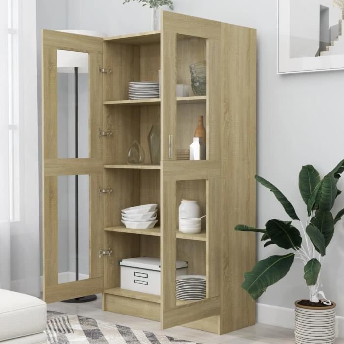 Bibliothèque en Aggloméré - 82.5 x 30.5 x 150 cm - Armoire à vitrine - avec 1 Porte transparente et 4 étagères - chêne sonoma