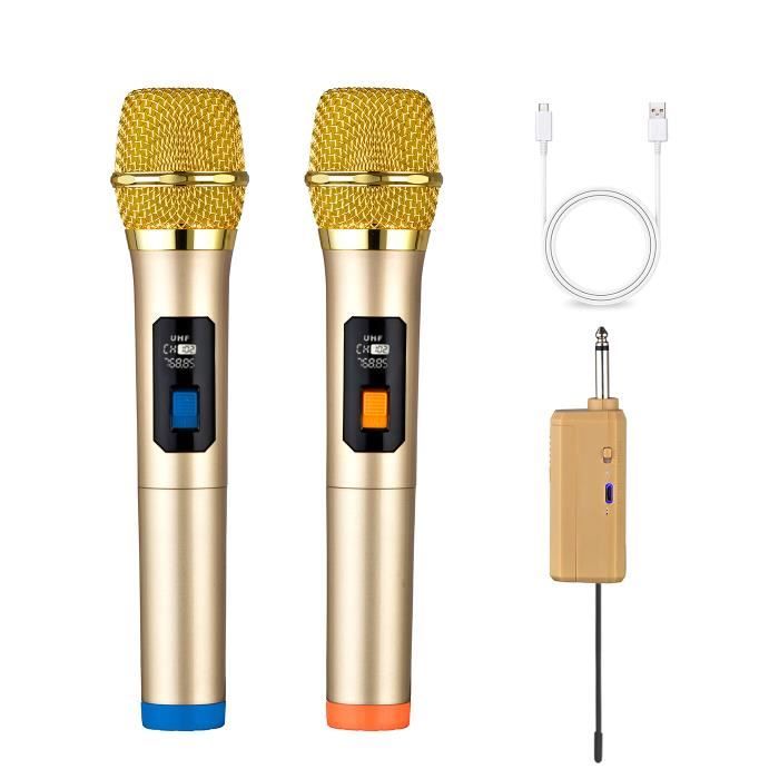 Microphone sans fil, double système de micro dynamique portable UHF avec récepteur rechargeable portée de 79,2 m, système de microphone sans fil pour karaoké amplificateur de voix système de
