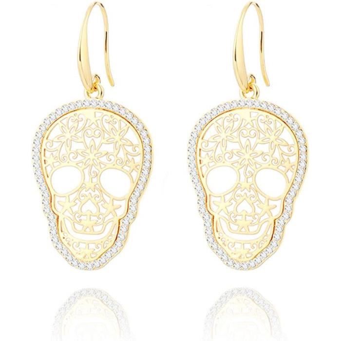 Boucles D'oreilles Clous Punk Crâne - Argenté Et Zircon Noir - Neuves