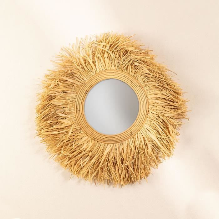 Miroir Mural Rond En Rotin Tissé Main 28cm - Cadre Beige, Miroir 18cm - Décoration Bohème Pour Salon, Chambre, Salle De Bain - 4