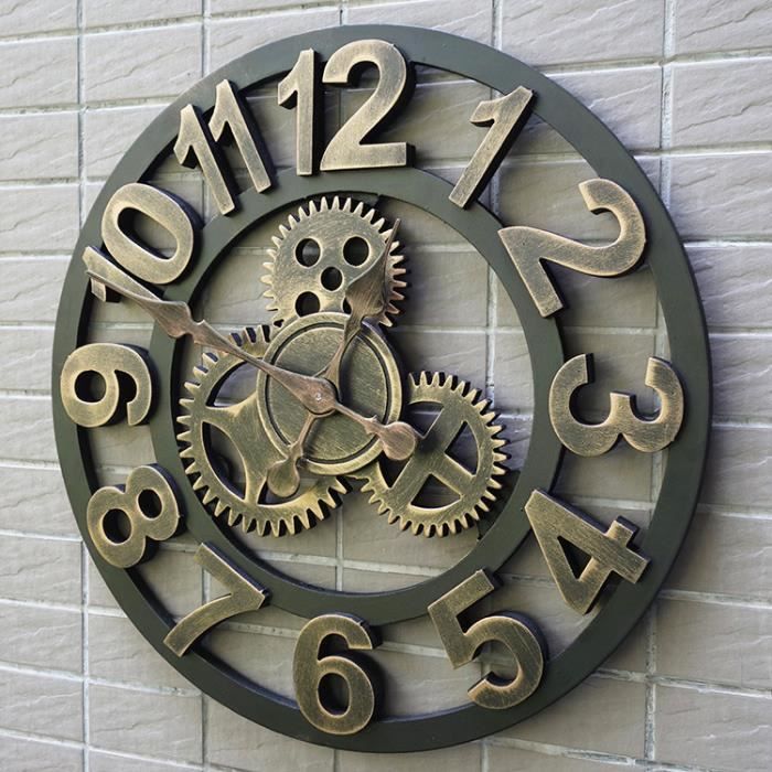 Horloge Murale Vintage Industrielle à Engrenages Mobiles - 61 Cm Bois Et Bronze | Décoration Murale Originale