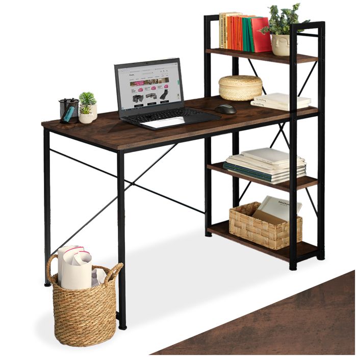 Bureau - TECTAKE - Table de bureau HERSHEY au style industriel avec 3 compartiments bois et acier 122 x 61 x 120 cm - Marron foncé