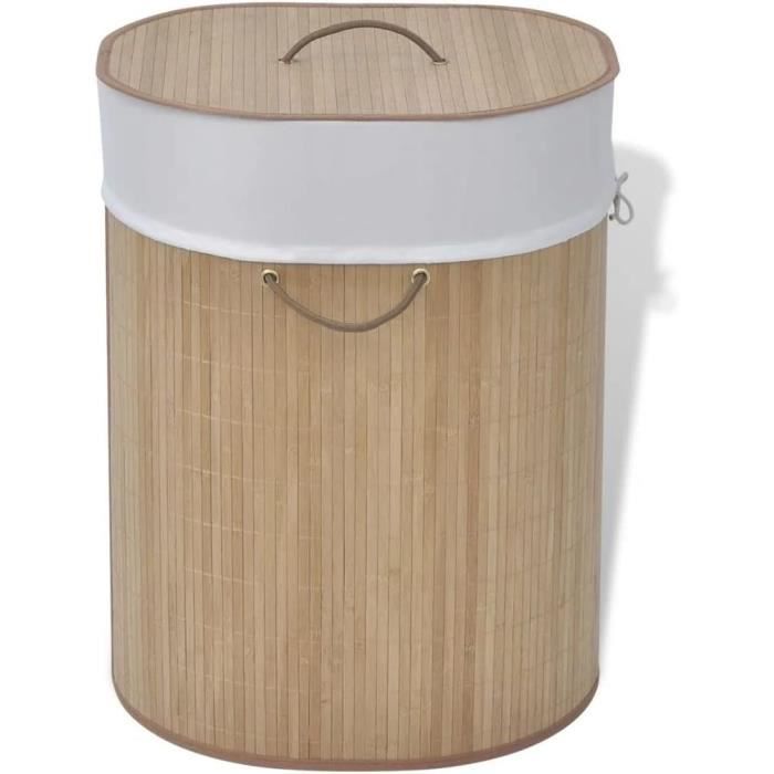 Panier à Linge Bambou SMIBUY 120L - 2 Sections Avec Sacs Amovibles - Naturel/Beige à Rayures