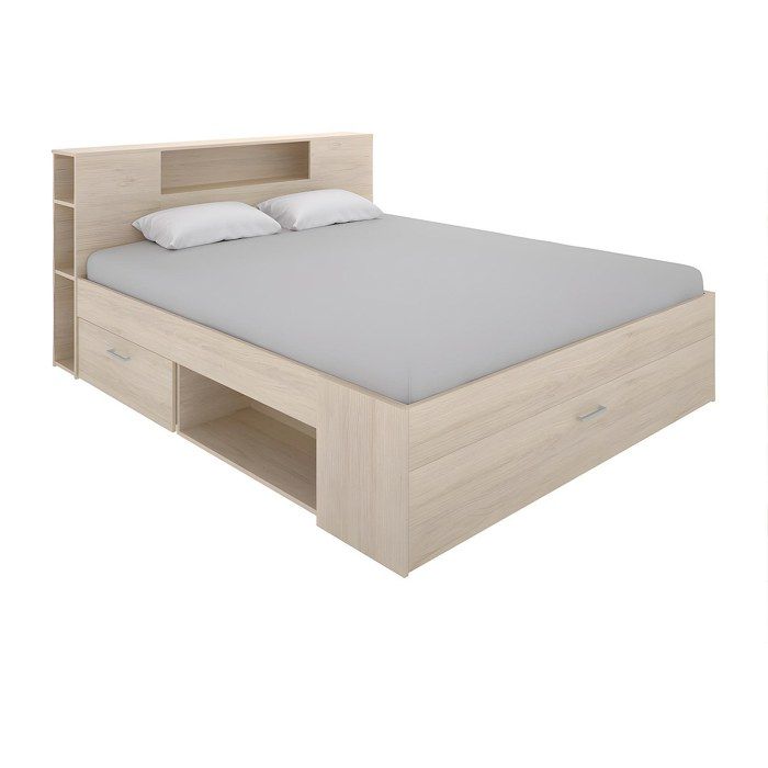 Lit avec tête de lit rangements et tiroirs - 140 x 190 cm - Coloris : Naturel - LEANDRE