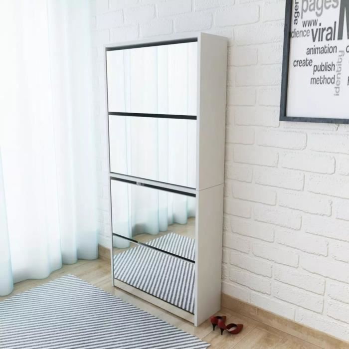 Meuble à chaussures - VIDAXL - 4 étagères - Miroir - 12 paires - Blanc