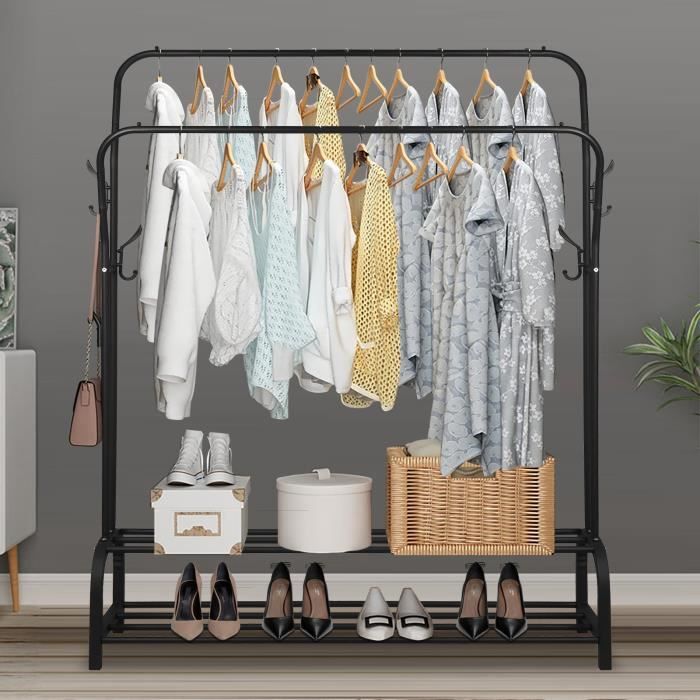 PorteManteau 2 Barres Penderie à Vêtement Meuble Entrée avec étagère