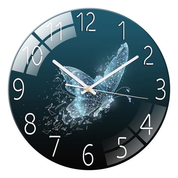 Horloge Murale Tulup En Verre 30 Cm - Décor Pierre Zen Et Papillon, Mouvement Quartz, Orange