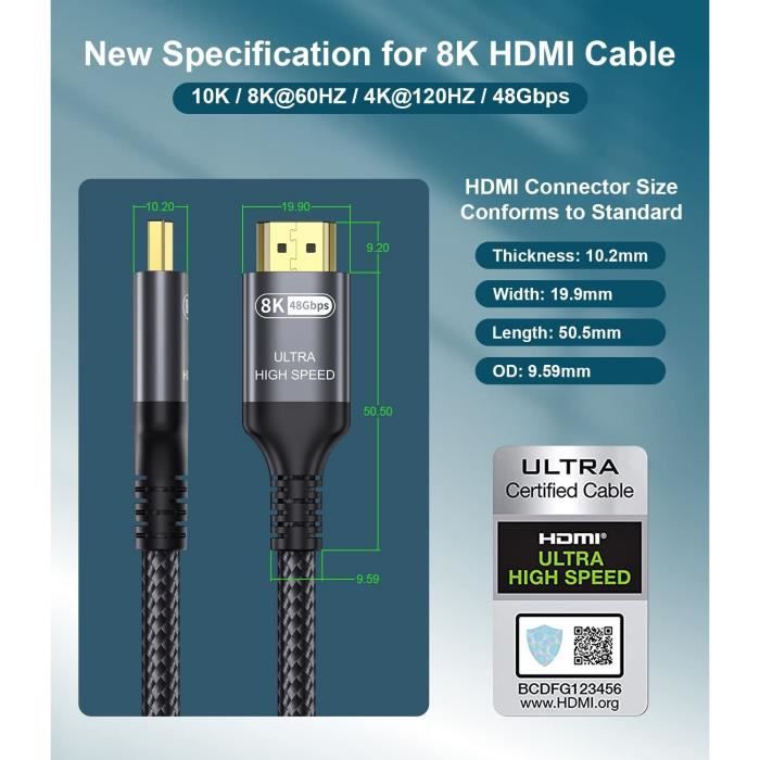 Câble HDMI 2.1 8K de 5 m - Câble HDMI ultra haut débit certifié 48Gbps - 8K  60Hz/4K 120Hz HDR10+ eARC - Câble HDMI Ultra HD 8K - Écran/TV/Affichage 