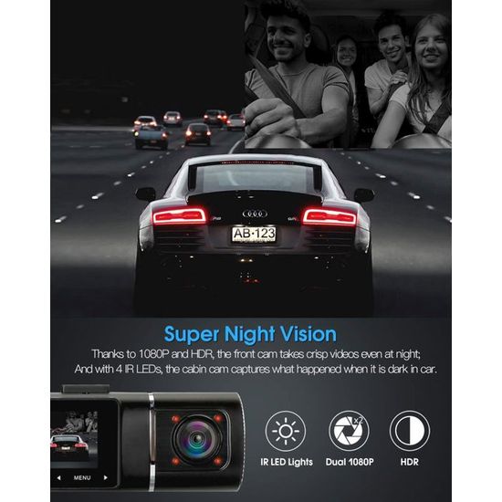 Abask Double Dashcam Vision Nocturne IR, Caméra de Voiture avec 32G Carte SD, 1080P, Grand Angle à 310°, Capteur G, Enregistrement en Boucle, Moniteur de Stationnement, Détection de Mouvement