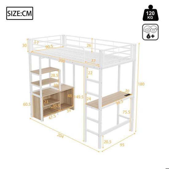 Lit Mezzanine 90x200 Avec Bureau Et Armoire – En Métal, Blanc – Pour Enfant, Ado Ou Adulte – Certifié EN747