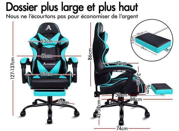 Chaise Gaming Ergonomique JUMMICO Avec Massage Lombaire - Dossier Inclinable 90-150°, Assise Large 50 Cm, Poids Max 150 Kg - Pour Jeux Et Bureau, Blanc - 2