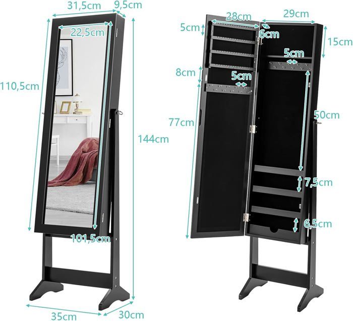 Armoire à Bijoux Avec Miroir Plein Pied - Rangement Organisé Intérieur Flanelle - 36x34x153 Cm Noir