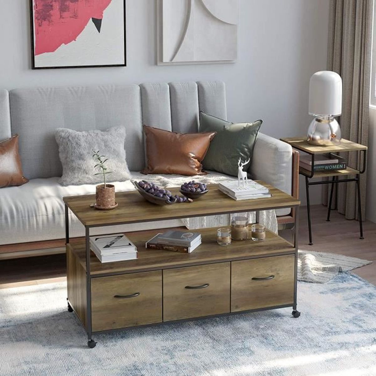 Meuble de Rangement,avec 3 Tiroirs en Tissu et 4 roulettes,,Style Industriel,108 x 48 x 60cm