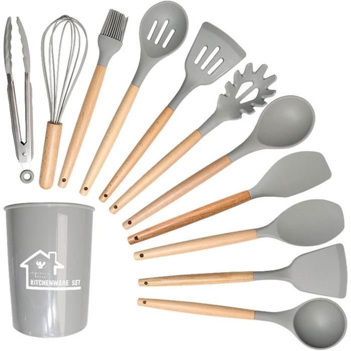 Set Ustensiles Cuisine 13 Pièces Inox - Cuillères, Spatules, Fouet Avec Support