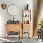 MOB-IN Meuble de Salle De Bain Chêne 70 cm ATOLL + Colonne + Miroir Rond 60 cm + Vasque ronde noire 37 cm Bois Clair