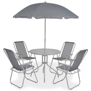 Ensemble table et chaise de jardin Ensemble de mobilier à dîner d'extérieur 6 pcs en acier et textilène gris avec table en verre trempé et parasol