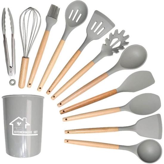Set De 36 Ustensiles De Cuisine En Silicone Noir - Manches Bois, Antiadhésifs, Résistants à La Chaleur