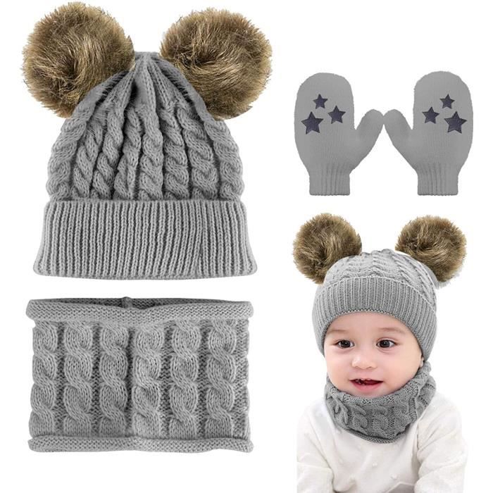 Bonnet D'hiver Bébé Avec Pompons | Ensemble écharpe, Taille 6-36 Mois Et 4-12 Ans | Tricot Et Velours, Chaud Et Doux