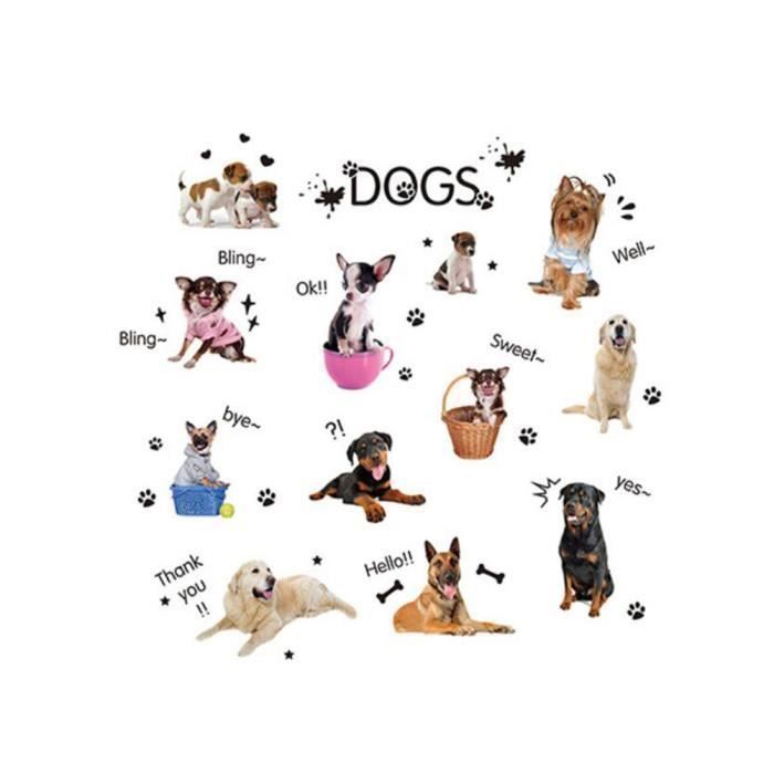 2pcs Animal Chien Papier Peint Amovible Enfants Stickers Muraux Coller Cartoon Murale