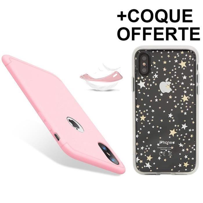 Coque iPhone X Silicone Mat Antichoc Anti-Rayure - Rose + Coque Offerte