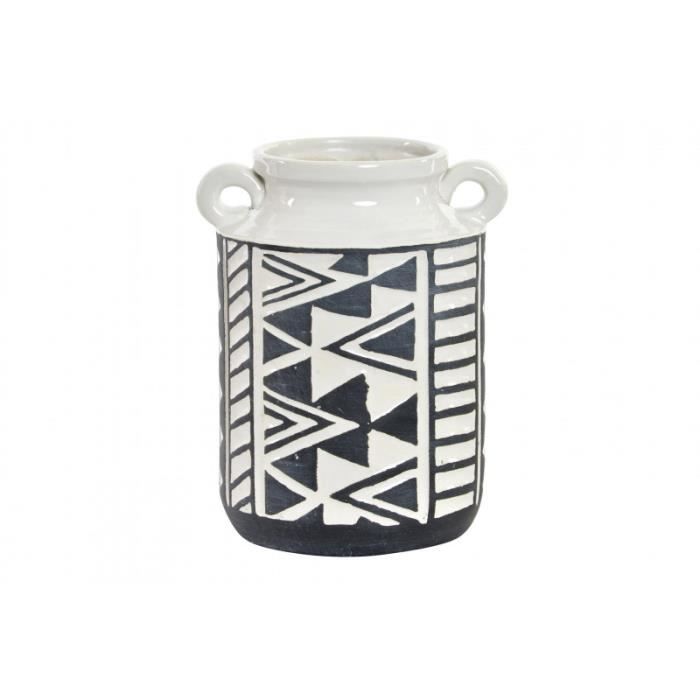 Vase/Vase, le Blanc et le Noir en Grès avec des Poignées. Motif Ikat avec un style Ethnique (15,5 cm X 19,5 cm X 13,5 cm) -