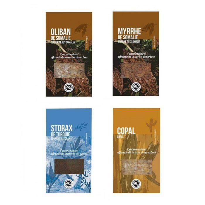 4 résines d'encens à brûler - Oliban, Myrrhe, Copal, Storax