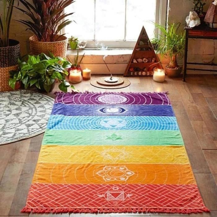 Tapis de Yoga de la Méditation ,Tapis de Sol Rayé Coloré de la Mexique Chakras Tassel