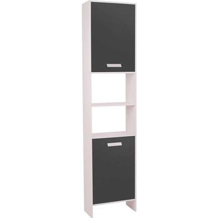 ID MARKET - Meuble colonne salle de bain design LEA en bois blanc portes grises