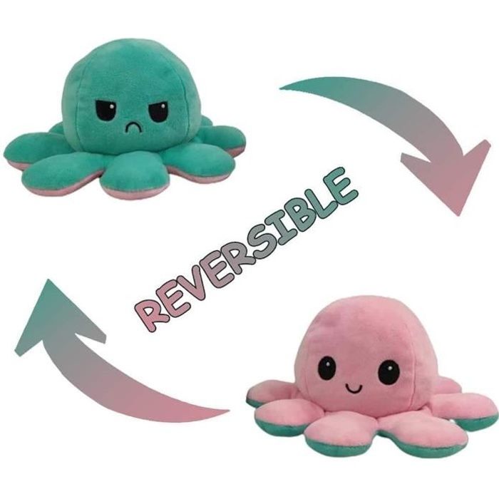 Jouet en Peluche de Poulpe Flip Double Face Expression,Mignon Doux Peluche Animaux Poupée,pour Enfants Cadeaux~Rose + Bleu clair
