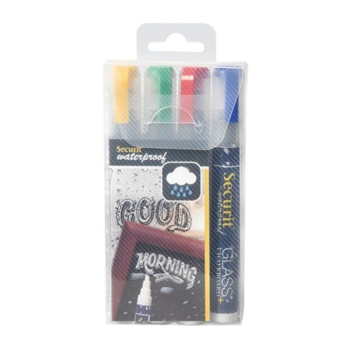 LOT DE 4 MARQUEUR SECURIT WATERPROOF DESSIN TABLEAU ART GRAFF GLASS CHALK BOARD ART DESSIN VITRE