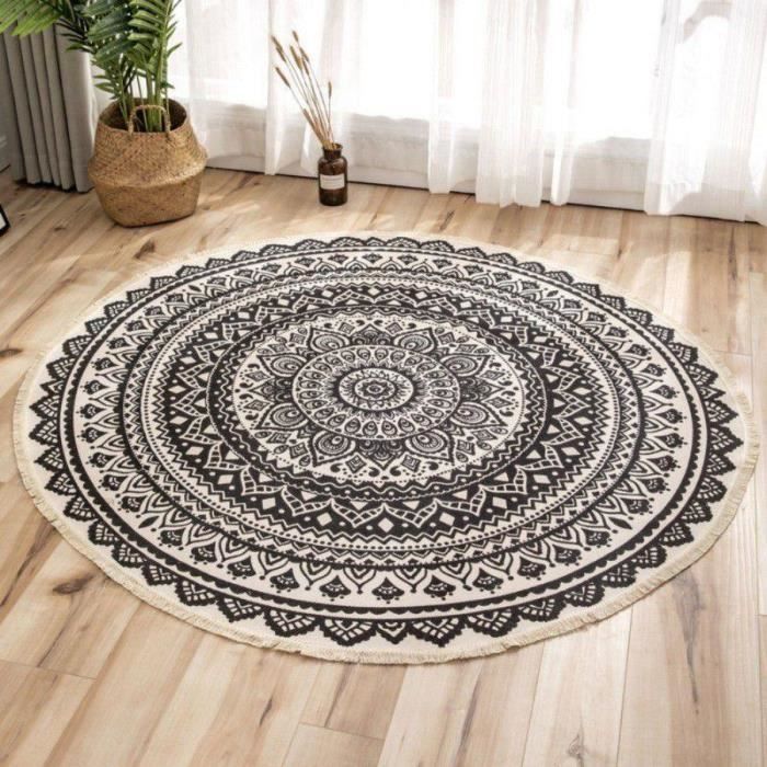 Tapis de sol circulaire imprimé style ethnique-noir lotus