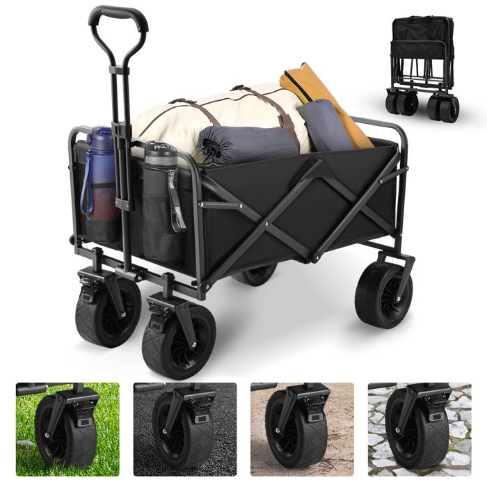 Daetay Chariot de plage pliable avec frein - 170 l - Avec roues tout