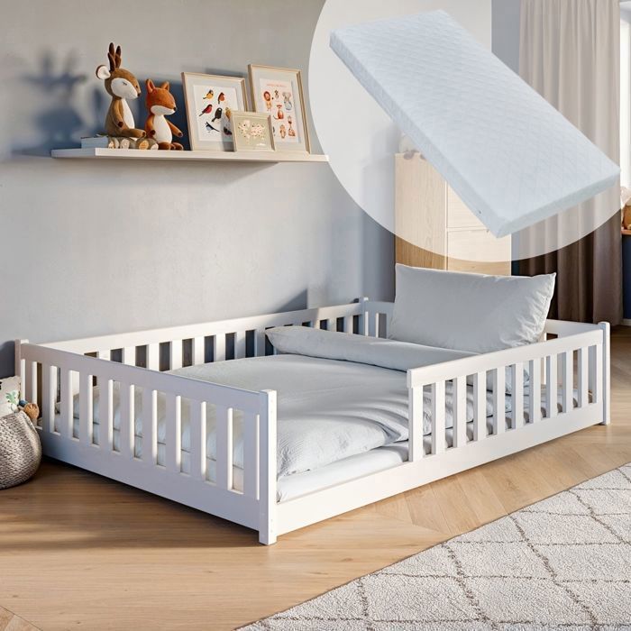 Lit au sol avec matelas et sommier 140x200 cm - Lit Montessori pour enfant - Lit simple en bois massif fille garçon - Blanc