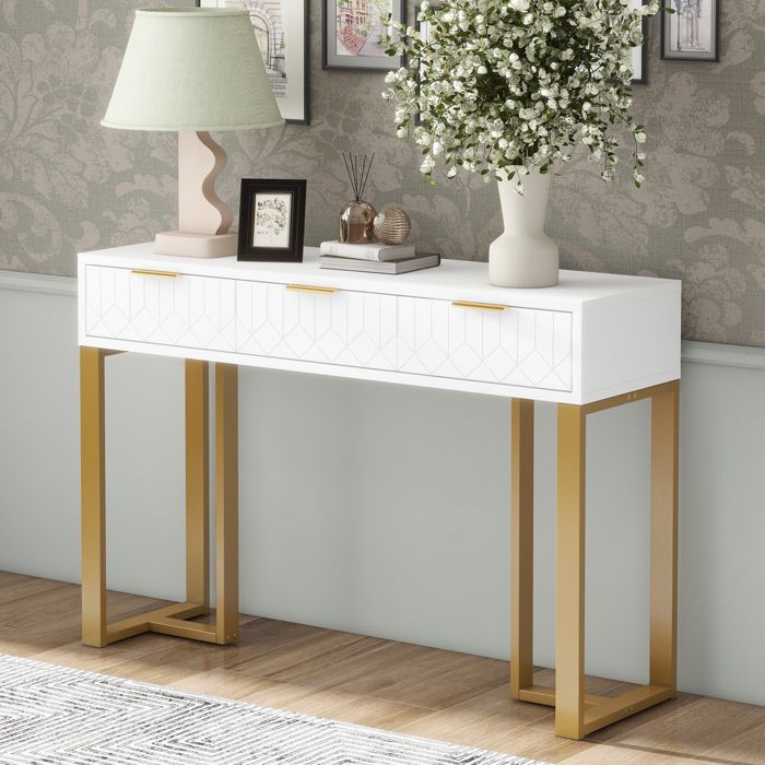 Table Console Salon avec 3 Tiroirs Meuble Entrée Structure Dorée Repose-Pieds Réglables et Poignées élégantes Blanc+Or