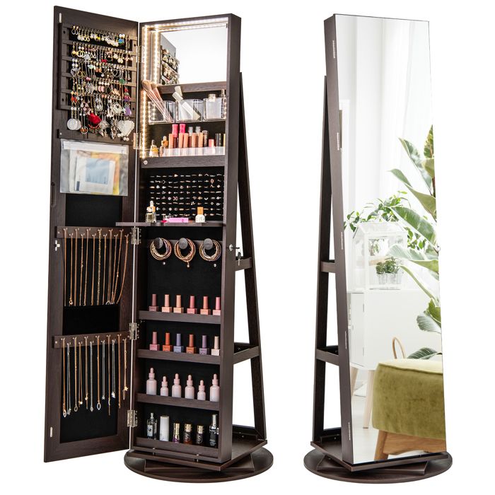 COSTWAY Armoire à Bijoux Pivotante à 360° sur Pieds Lumières LED 3 Couleurs Etagères de Rangement Arrière Etagère Pliable Café