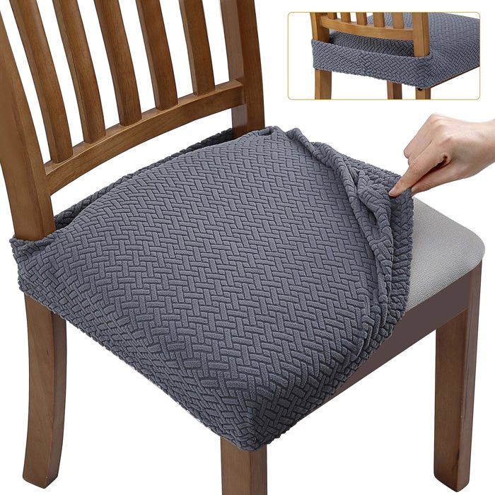Housse de chaise extensible - Jacquard gaufrée - Lot 6 pièces - Gris - Lavable en machine