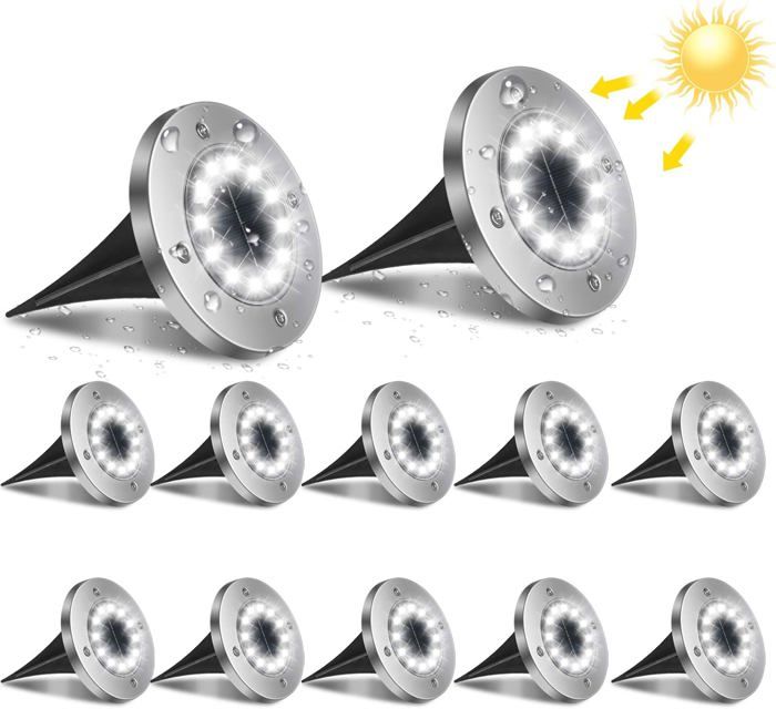 12LED Lampe Solaire Extérieur 12pcs Luminaire Jardin Au Sol Eclairage 6000K Etanche IP65 Lampe Solaire Spot Encastrable