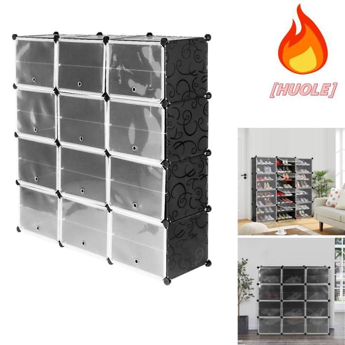 HUOLE Armoire en plastique à 8 étagères et 12 portes résistante à lhumidité et à la poussière noire.