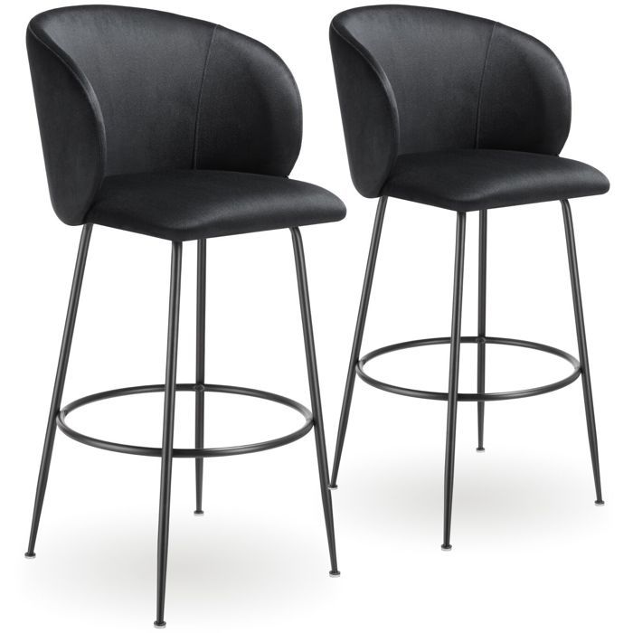 Tabouret de bar - TECTAKE - Lot de 2 tabourets LUANA aspect velours rembourrés et repose-pieds 51 x 60 x 106 cm - Noir/Noir