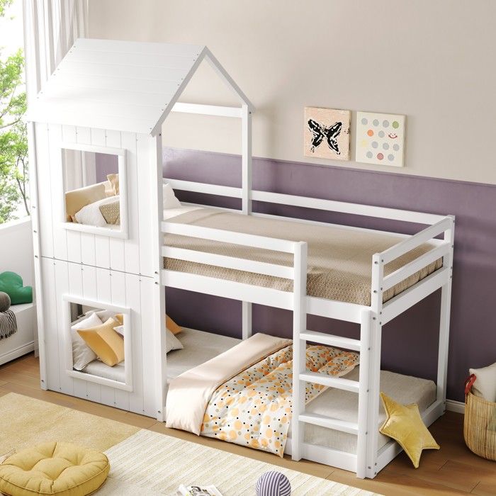 Lit superposé cabane enfant 90x200cm bois massif blanc avec échelle et baldaquin - Design plafond/sol - Fille&garçon(sans Matelas) Lit superposé cabane enfant 90x200cm bois massif blanc avec échelle et baldaquin - Design plafond/sol - Fille&garçon(sans Matelas)