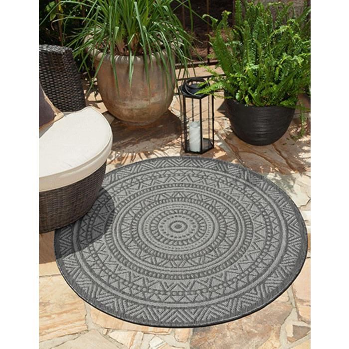 Tapis dextérieur - THE CARPET - Mistra - Résistant UV - Anthracite - 120 cm rond - Design Mandala