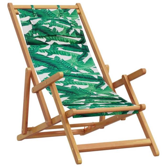 (979673)Chaise pliable plage motif de feuilles bois deucalyptus/tissu - L61 x P127 x H95 cm